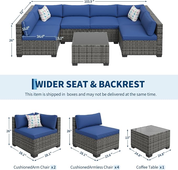 Litake 7 Piece Patio Furniture Sets, Iron Frame with Gradient Wicker, Soft Cushions, Modular Outdoor Conversation Furniture for Garden, Backyard & Patio