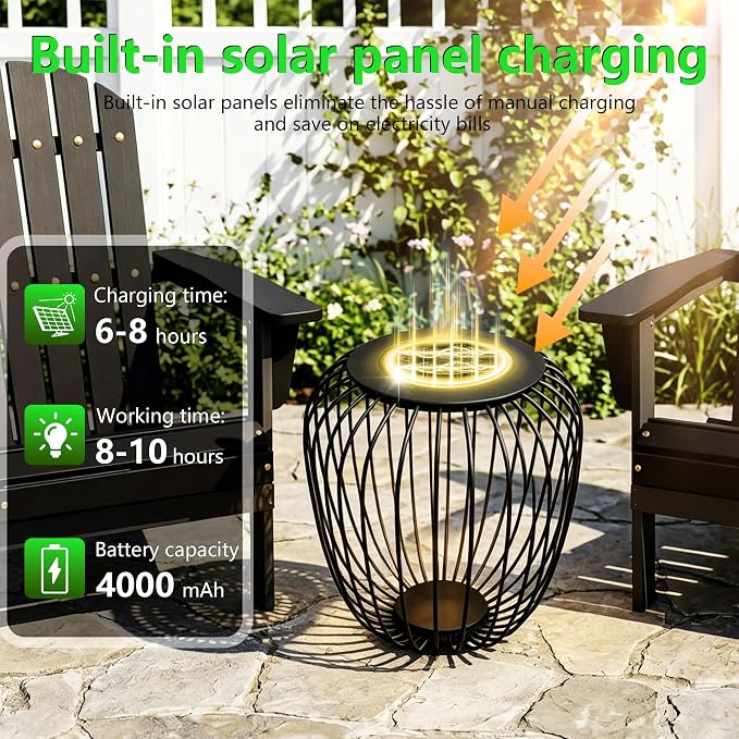 LED Outdoor Side Table, 18 Inch Metal Cage Patio End Table with Bottom LED Light, Solar Powered, 2-in-1 Multi-Purpose Stool, Waterproof Garden Furniture for Balcony Poolside Backyard