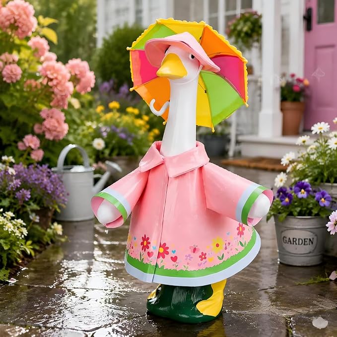 23 Inch Porch Goose Outfit, Raincoat Outfit with Umbrella Hat for Porch Goose Statue, Spring Summer Yard Decor,Yard Goose Outfit