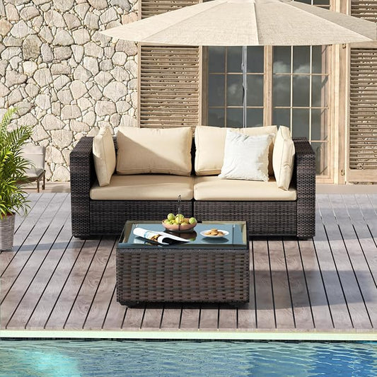 3 Piece Patio Furniture Set All Weather PE Rattan Outdoor Sectional Sofa Couch with No-Slip Cushions and Glass Top Table for Garden, Poolside, Backyard (Beige)