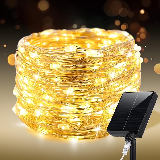 Solar String Lights for Outside,100FT 300 LEDs Solar Fairy Lights,Waterproof 8 Modes Button Outdoor String Light for Patio Garden Backyard Tree Wedding Christmas,Silver Wire,Warm White