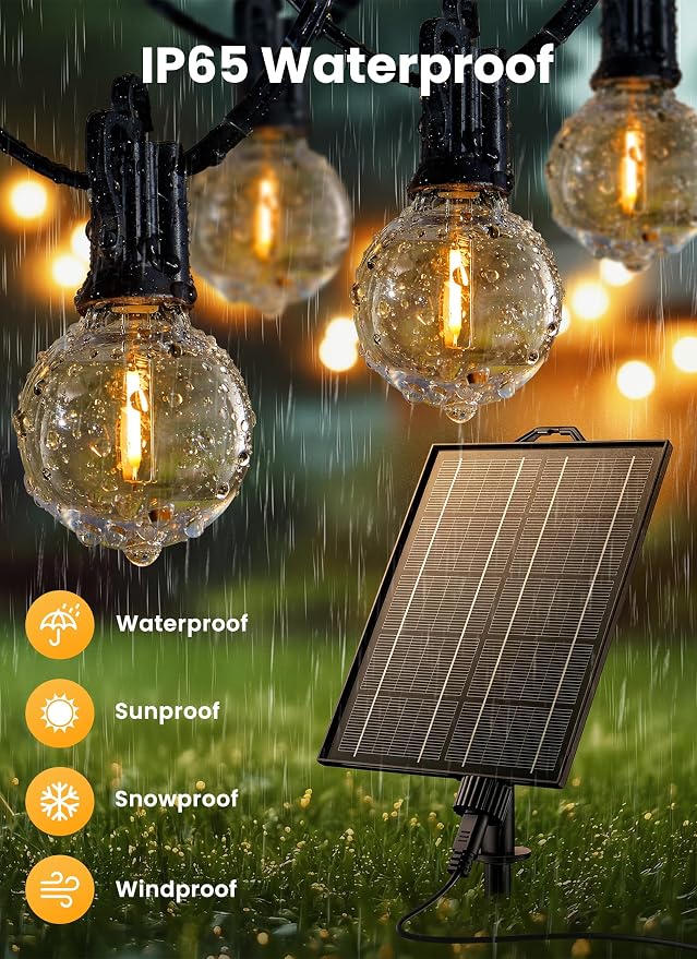 Brightown 108FT 52LED Solar String Lights Outdoor with Remote & USB Port | Shatterproof Bulbs, Dimmable & Timable, 3 Modes, Patio Lights Solar Powered with a Mount Clip for Camping Backyard Garden
