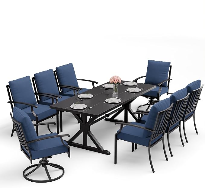 ALAULM 9-Piece Patio Dining Set,Outdoor Metal Dining Set with 2 Swivel Chairs & Rectangle Table with 1.5 Umbrella Hole, Patio Dining Table and Chairs for Backyard,Navy