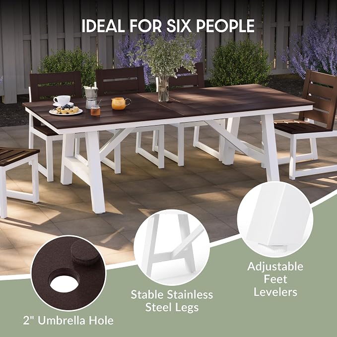 WestinTrends Cape May 90" HDPE Rectangle Outdoor Patio Dining Table with Umbrella Hole and Metal Frame, Dark Brown