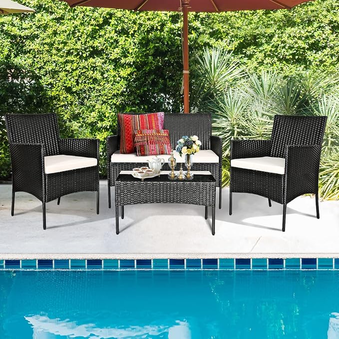 HAPPYGRILL 8 Pieces Patio Furniture Set Rattan Wicker Conversation Set with Tempered Glass Top Table, Outdoor Wicker Sofa Set with Removable Cushions for Poolside Garden Backyard