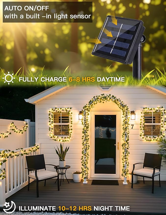 Solar Ivy String Lights, 33Ft 100 LED Vines with Lights Warm White