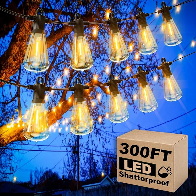 Zuske Outdoor String Lights Waterproof, 300FT Patio Lights with 146 Shatterproof ST38 Globe Bulbs(6 Spare), Connectable Dimmable LED Hanging String Lights for Outside Backyard Porch Balcony(150FT x 2)