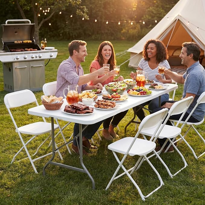 Sweetcrispy 6 FT Folding Picnic Table 2 Pack, Easy to Fold and Store, Foldable Table for Camping Picnic Dining Party Kitchen Outdoor Indoor with Carrying Handle