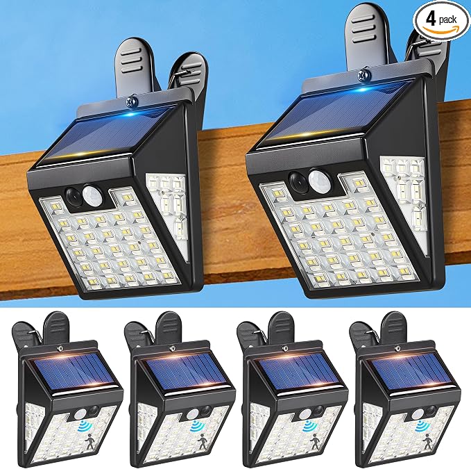 4 Pack Clip On Solar Lights Outdoor,Motion Sensor Outdoor Lights, 72LEDs 600LM Solar Lights with Motion Sensor,Outdoor Solar Lights for Fence,Deck Railing, Gutter,Patio,Garden (6000-6500K)