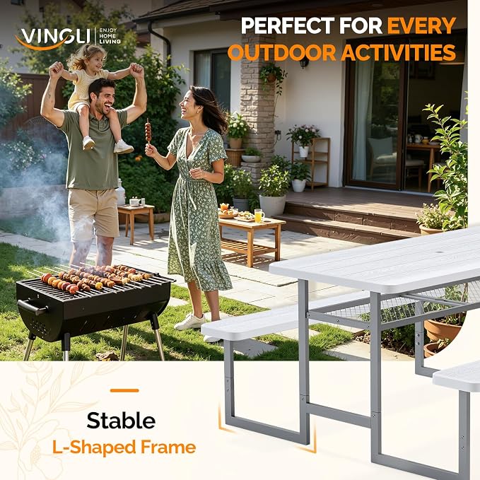 VINGLI Outdoor Picnic Table with Storage Shelf & Umbrella Hole, 4.5FT All Weather Metal Frame HDPE Tabletop Plastic Picnic Table for Dining Party Garden(White)