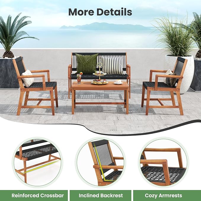 HAPPYGRILL 4 Pieces Patio Furniture Set Acacia Wood Conversation Set with Hand-Woven Rope Design, Ergonomic Loveseat & Single Chairs, Wooden Chair & Table Set for Porch Yard Poolside