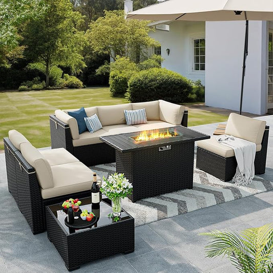 8 Pieces Outdoor Patio Furniture Set with 44" Fire Pit Table Black Rattan Sectional Conversation Sets w/Gas Fire Pit, Coffee Table, Khaki