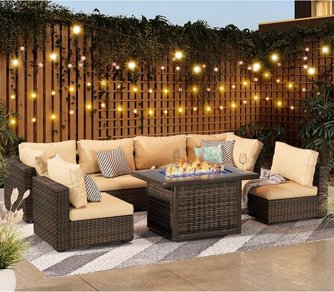 Grezone 9 Piece Patio Furniture Set with 44" Fire Pit Table, Outdoor Sectional Couch, PE Rattan Patio Conversation Sets with 4inch Cushions for Backyard Beige