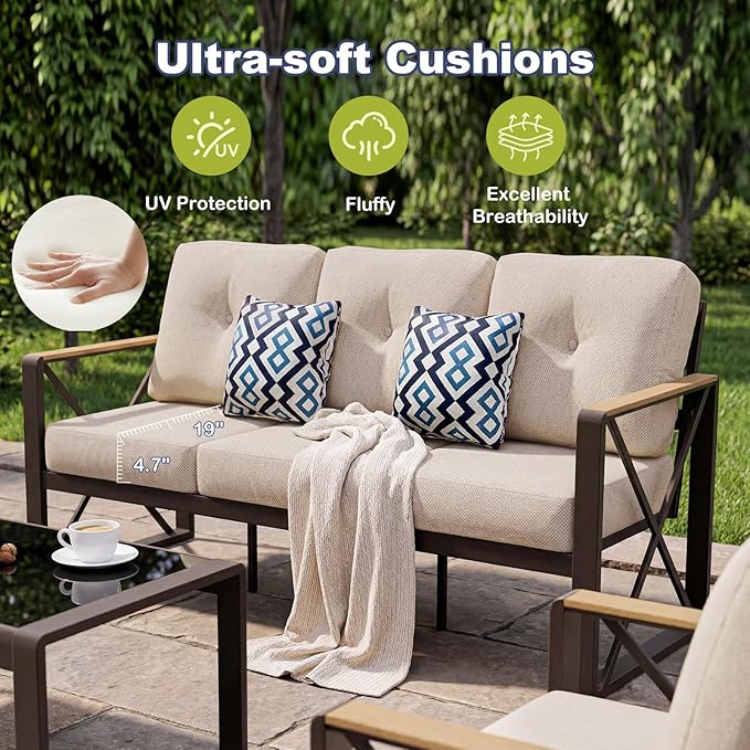 6 Piece Aluminum Patio Conversation Set, Outdoor Metal Furniture Set w/Rocking Swivel Chairs, Balcony Sectional Furniture Set with Coffee Table, Thick Cushions for Backyard, Poolside, Beige