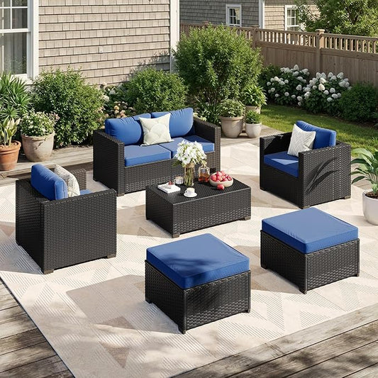 LazySunsets 6-Piece Outdoor Patio Furniture Set, Rattan Outdoor Sectional with Thick Waterproof Cushions, Wicker Ottomans & Waterproof Cover, Patio Conversation Set for Garden, Backyard, Navy Blue