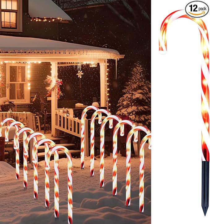 Joiedomi 12 Pcs Christmas Candy Cane Pathway Markers Lights, 12” Stakes Lights with Warm White, Waterproof Outdoor Decorations for Holiday Xmas Indoor,Yard,Patio,Garden,Walkway