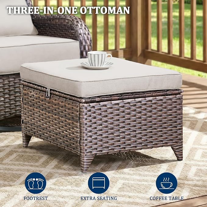 Luxury Swivel Rocker Chairs Fire Pit Set with 6" Thick Cushion 10 piece Wicker Outdoor Patio Chair with Sofa and Ottoman,Comfortable High Back Outdoor Patio Furniture Set - Brown | Beige