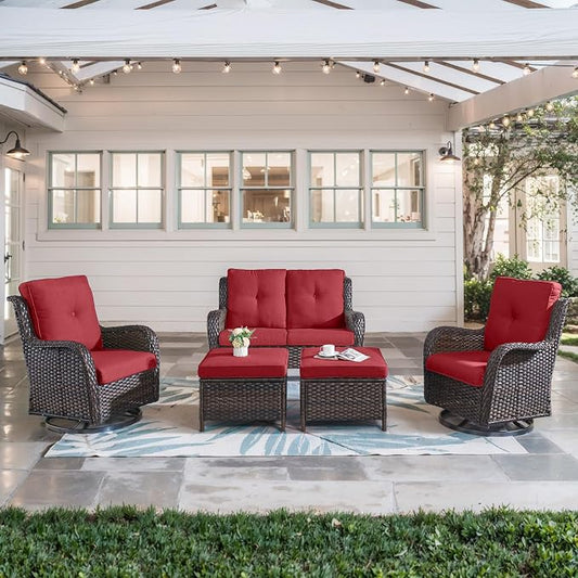 Belord 5 Piece Wicker Patio Furniture Set, Outdoor Swivel Rocker Chairs Set of 2 with Ottomans and Loveseat, All Weather Patio Conversation Furniture Set, for Porch Pool, Brown Wicker/Red