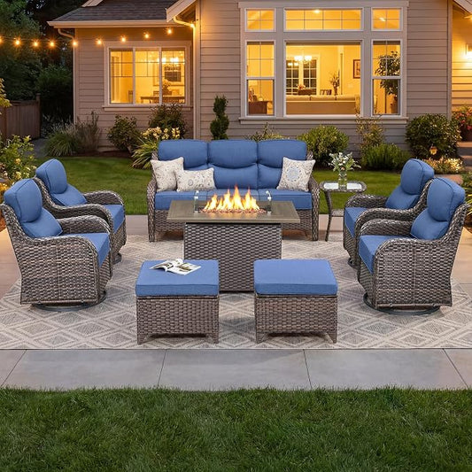 Luxury Patio Furniture Set with 6-inch Thick Cushion, Outdoor Furniture with Fire Pit Table, Swivel Chairs, Sofa, Side Table, Ottomans, 9pcs Wicker Conversation Set(Brown Wicker/Blue Cushion)