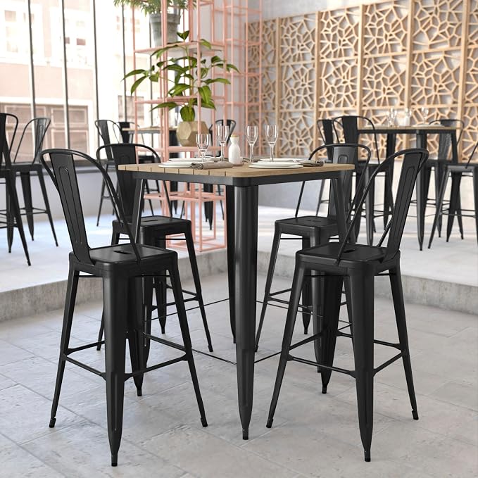 BizChair Commercial Outdoor Dining Table Bar Height, All Weather Poly Resin Top with Steel Base, 31.5" Square, Brown/Black