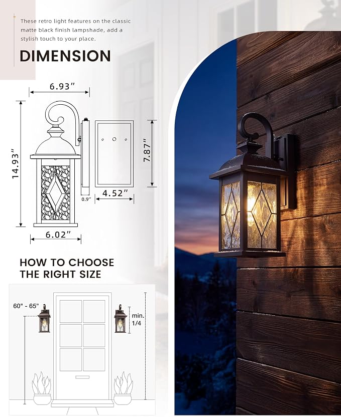 FEMILA Dusk to Dawn Outdoor Wall Light Fixtures, 15" Exterior Waterproof Wall Sconce, Front Porch Lights, ORB Finish with Hammered Glass, E26, UL Listed, 4FD54B-PC ORB-SD