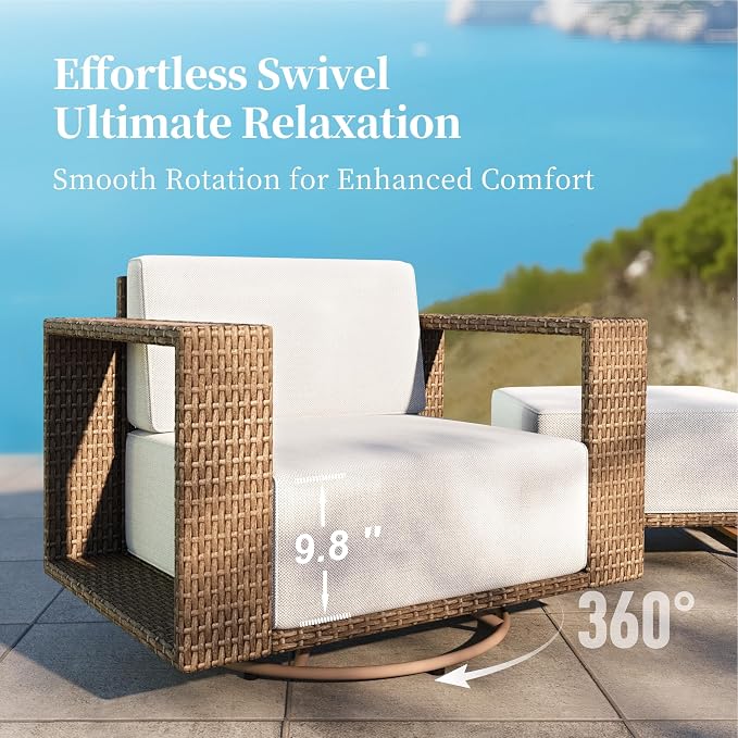 SUNSHINE VALLEY 4 Pieces Patio Furniture Set with Swivel Chairs, Outdoor Wicker Conversation Set with 10" Thick Cushions, All Weather Rattan Conversation Set, Low Profile Lawn Garden Backyard Sofa
