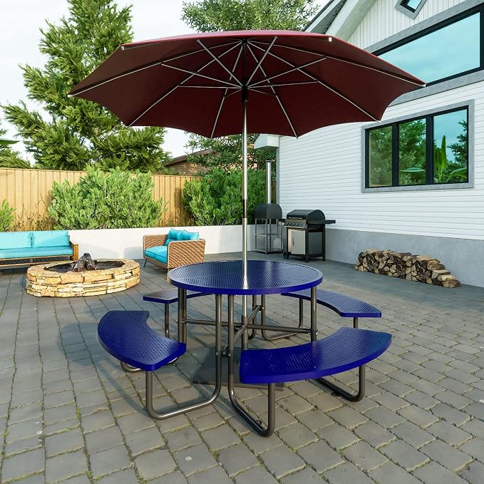 46'' Round Outdoor Metal Picnic Table Expanded,Lifetime Steel Picnic Table with Umbrella Hole,Heavy Duty Sturdy Commercial for Patio, Backyard, Garden (Includes 4 Built-in Benches) Blue