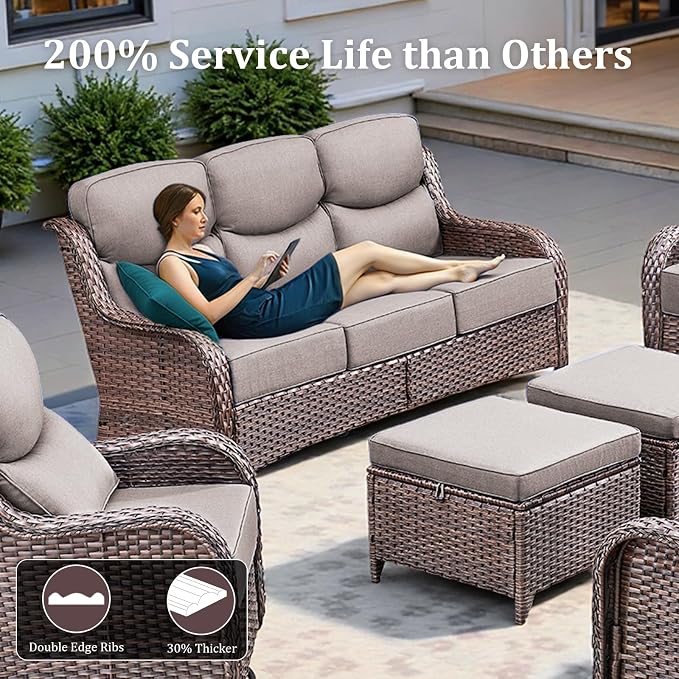 Luxury High Back Patio Furniture Set with 6-Inch Thick Cushions, 6-Pieces Outdoor Furniture with Swivel Chairs, Wicker Conversation Set for Porch, Balcony, Deck and Yard, Brown/Grey