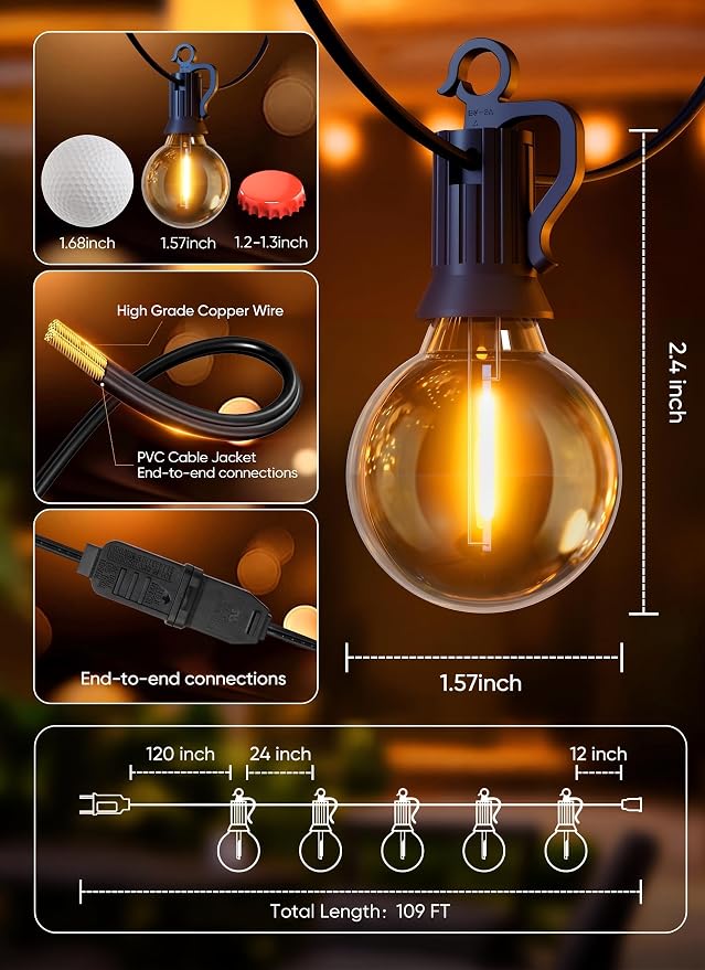 Outdoor String Lights, 100FT 50+2 G40 Bulbs Shatterproof Patio Lights | IP65 Waterproof Dimmable Hanging Connectable Globe LED Outdoor Lights for Christmas, Backyard, Bistro, Porch, Deck, Balcony