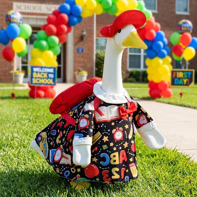 1 Set Back to School Porch Goose Outfit for 23 Inch Lawn Goose Statue | School-Themed Goose Clothes Set Includes 1 Outfit, 1 Hat and 1 Backpack for Patio, Yard, Classroom or Garden Decor
