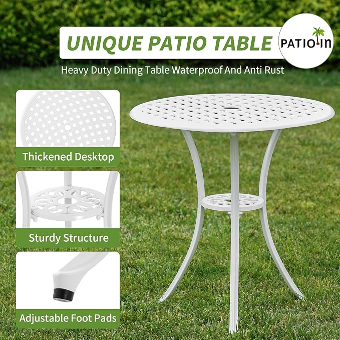 Bistro Set 3 Piece Outdoor Patio Bistro Set with Umbrella Hole, Rust Resistant White Bistro Table and Chairs Set of 2 Cast Aluminum Furniture for Porch Garden White
