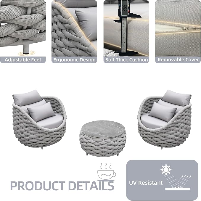 TWT 3 Pieces Aluminum Patio Furniture Set, Hand Woven Textilene Rope Outdoor Sofa Set w/Washable Cushion and Rock Slab Tabletop, Conversation Furniture for Livingroom Poolside Balcony (Grey)