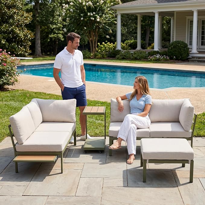 4 Piece Patio Sectional Sofa Set, Patio Furniture Set with Cushions, Outdoor Furniture Conversation Set for 5, Modern Modular Patio Couch with Side Table/Pullout Tray for Deck/Pool, Beige