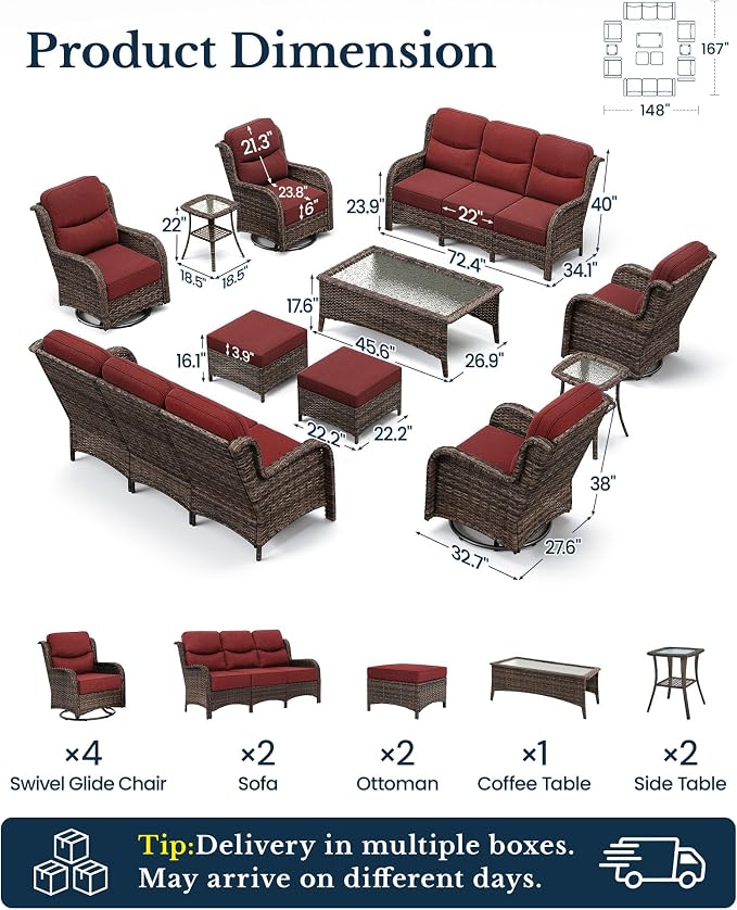 HILLGA 11-Piece Luxury Patio Furniture Set with 6" Thick Cushions, Weather-Resistant Wicker High Back Swivel Rocker Chairs, Senior-Friendly Outdoor Sofa Set for Large Deck and Poolside, Burgundy(V2)