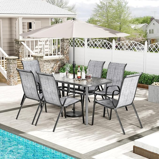 TLSUNNY Patio Dining Set for 6, Outdoor Table and Chairs W/1.69″ Umbrella Hole, 30"X 55" Table and Stackable Textilene Chair, All Weather Patio Furniture Set (Grey Table & Grey Chair)