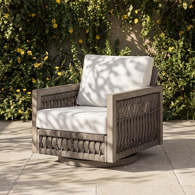 Patio Swivel Chair, Rope Weave Outdoor Chair with Widened Armrests & Thick Cushions, All-Weather Aluminum Deep Seating Chair, Never Rust Patio Chair for Garden, Porch, Deck, Gray Oak | Aluminum Frame