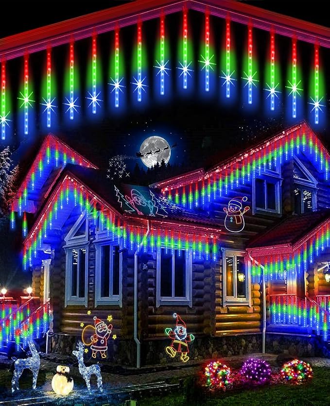 Meteor Shower Rain Lights 12 in 10 Tubes Drop Icicle Snow Falling Raindrop Cascading Light for Wedding Party Christmas Light Outdoor, Shine Colorful