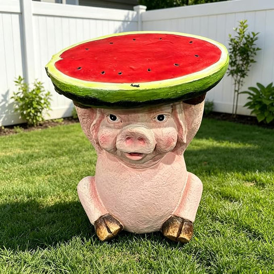 13.4" Cute Pig Side Table w/ Watermelon Top, Resin Plant Stand, Pink+Red | Multi-Functional End Table for Home Garden Patio, Weather-Resistant, Fun Novelty Decor Accent