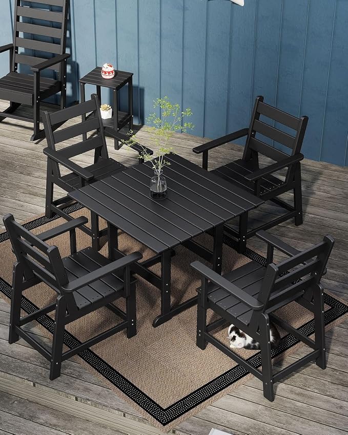 GREENVINES 5-Piece-Outdoor-Dining-Set | HDPE | Square | Patio Furniture | All Weather | Removable Armrests | Slatted Table and Chairs Sets for 4 | for Backyard Poolside Garden | Black