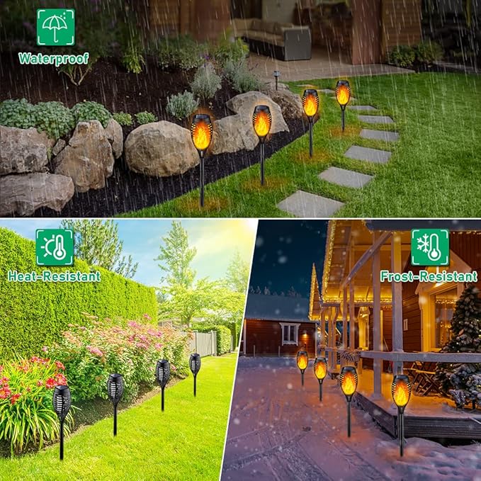 12Pack Solar Torch Light with Flickering Flame for Halloween Decorations | Solar Lights Outdoor for Halloween Decor, Waterproof Solar Garden Lights, Flame Torches for Outside Garden Patio Pathway Yard