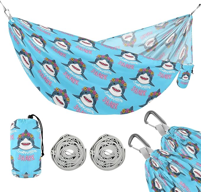 Camping Hammock Outdoor Hammocks for Outside Shark Flower Wreath Beach Trees Portable Lightweight with Pockets Tree Straps Indoor
