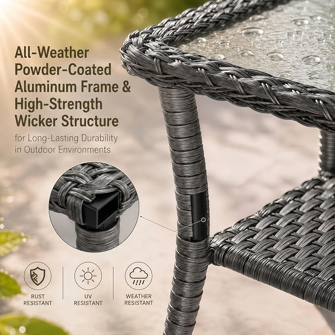 HUMMUH 20-Inch Wicker Patio Side Table with Tempered Glass Top, Grey | Powder-coated aluminum frame, PE rattan, lower storage shelf, 66 lbs capacity, 20x20x22 inches, hardware included