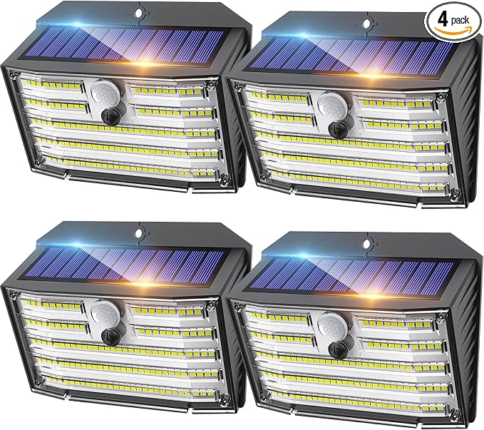 CLAONER Solar Lights Outdoor [𝟒 𝐏𝐚𝐜𝐤/126 LED], Wireless Motion Sensor Lights, IP65 Waterproof Security Lights 3 Modes, 270° Lighting Angle, Ultra-Bright Wall Lights for Deck Patio Fence Garage