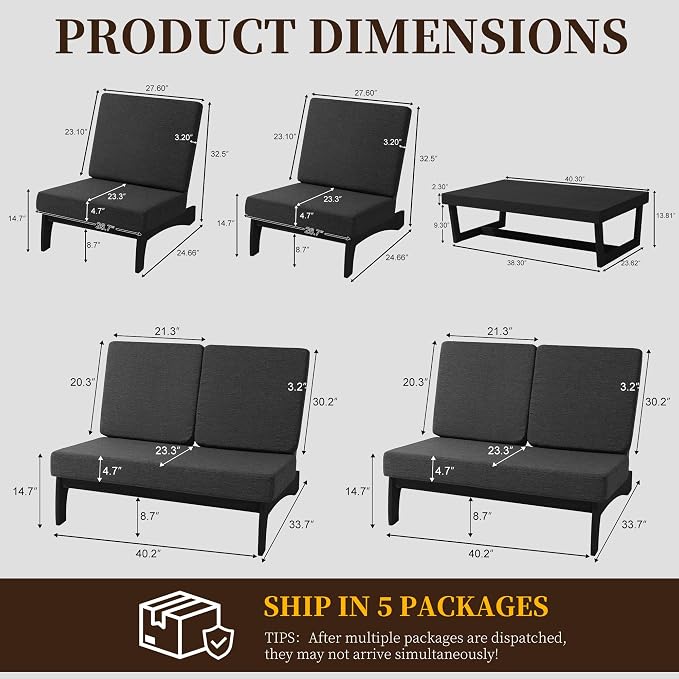 5 Pieces All Weather Black Wood Patio Furniture Sets, 2 Patio Loveseat, 2 Patio Bistro Chair, Outdoor Sectional Sofa Furniture Backyard Conversation Set with Coffee Table - Dark Gray