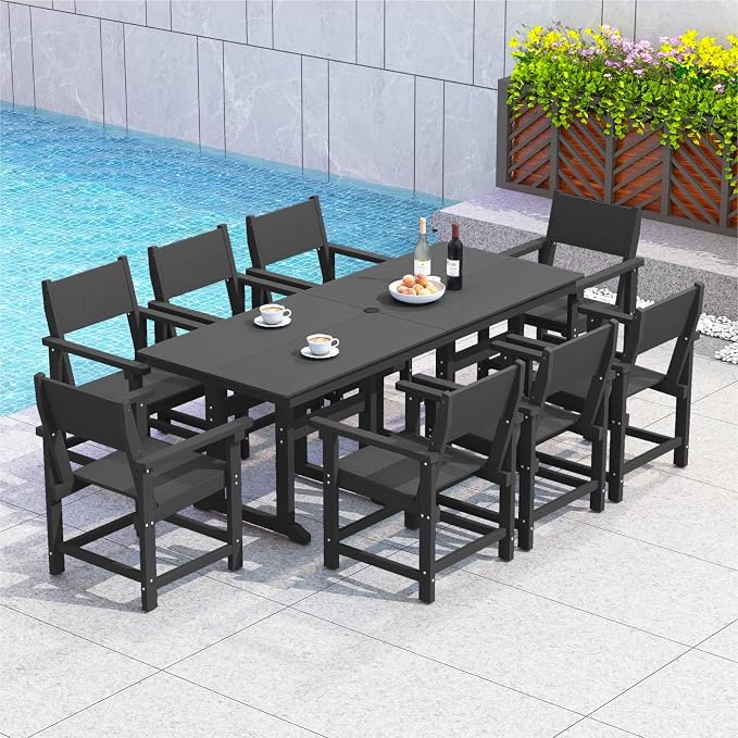 9-Piece HDPE Outdoor Patio Dining Set,Outdoor Table and Chairs,Modern Plastic Dining Sets with Umbrella Hole Cut-Out Table and 8 Chairs Black
