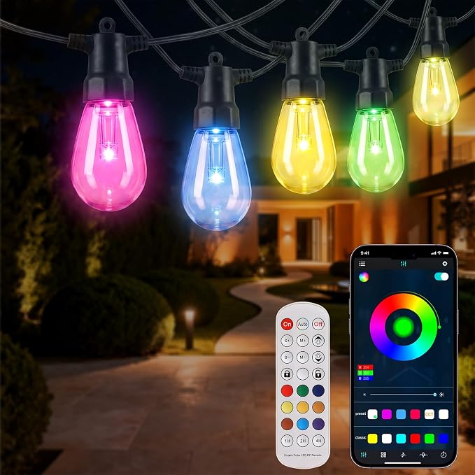 Smart Outdoor String Lights, 50FT RGB Color Changing Patio Lights with Timer, 21-Key RF Remote and Bluetooth, IP65 Waterproof Shatterproof LED Lights for Backyard Balcony Garden Party Decor