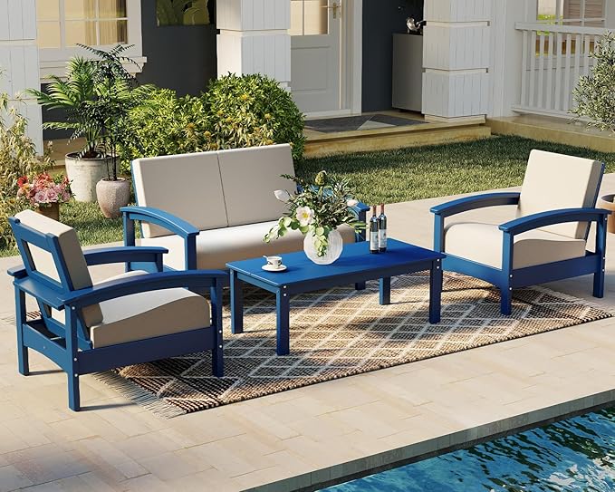 GREENVINES Deluxe 4-Piece Patio Furniture Set | HDPE Plastic | Outdoor Sectional Conversation Sets | All-Weather Couch | Sofa with Coffee Table | Black Frame w/Beige Cushion | for Porch Lawn | Blue