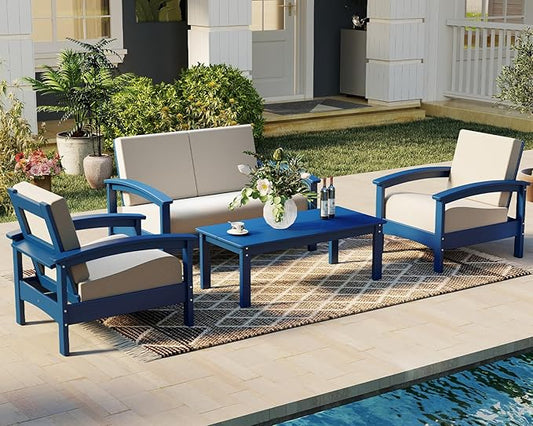 GREENVINES Deluxe 4-Piece Patio Furniture Set | HDPE Plastic | Outdoor Sectional Conversation Sets | All-Weather Couch | Sofa with Coffee Table | Black Frame w/Beige Cushion | for Porch Lawn | Blue