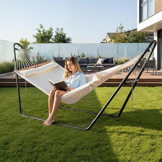 ONCLOUD Double Hammock with Stand for Outside, Rope Hammock with Pillow and Pad, Heavy Duty Hammock Set for Backyard, 550 LBS (White)