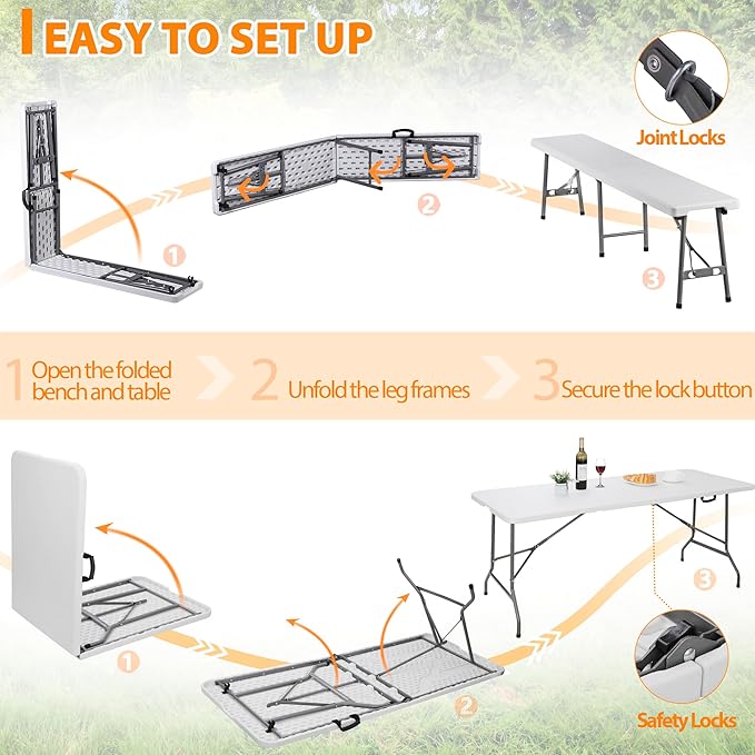 SUPER DEAL Folding Table Set with 2 Benches, 6 FT Camping Picnic Table Set, Outdoor Indoor Portable Furniture for Working Meeting Wedding Party w/Handle and Safety Lock, White